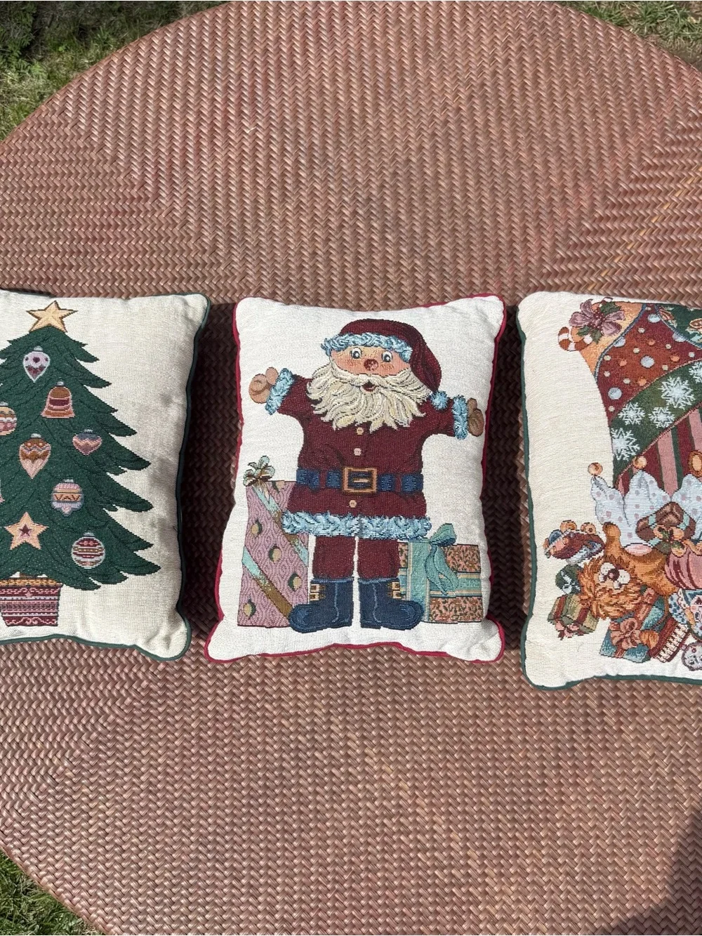 Vintage Christmas Tapestry Throw Pillows Set of 3 Santa Tree Stocking 15x11